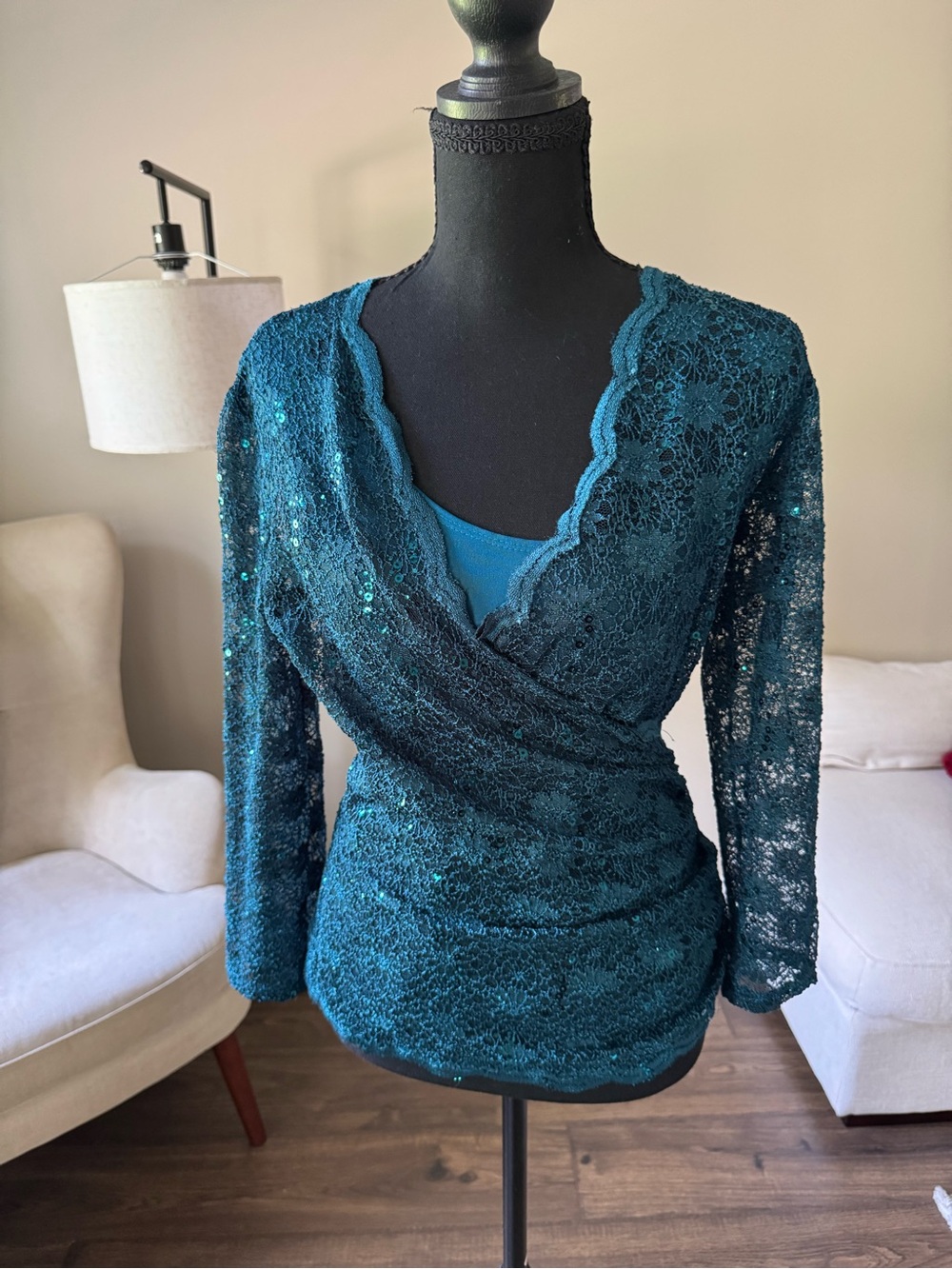 MSK Teal Lace Sequin Wrap Blouse‎
